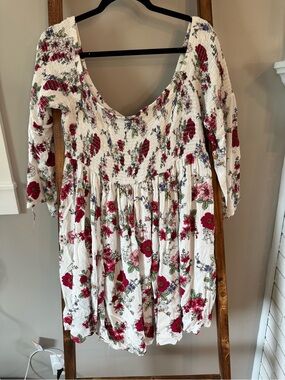 torrid White Floral Smocked Top with Red and Green Print